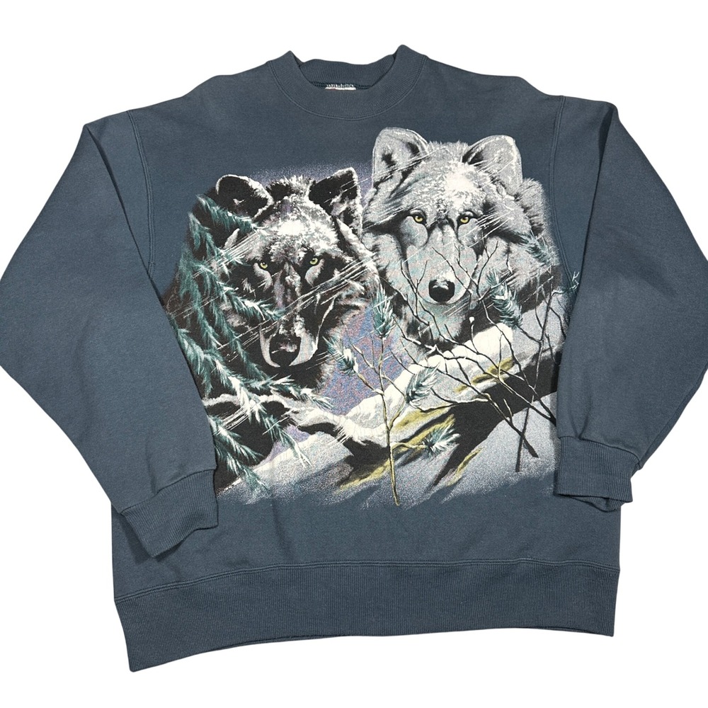 Vintage 90s Wolf All Over Print Sweatshirt Mens Large Teal Double Sided Graphic